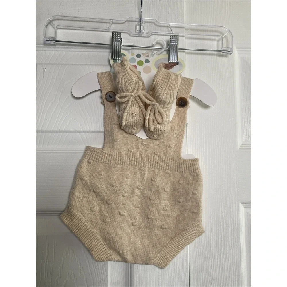 Little Me Photo Op Tan Knit‎ 0-6mo Jumper And Shoes Set New Swiss Dot